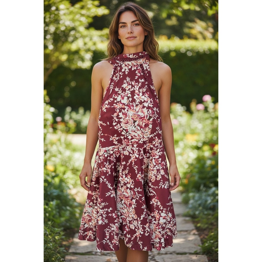 Floral Halter Dress Size 5/6 Fit Flare Womens B Darlin Maroon Floral Print Knee